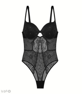 خرید بادی فانتزی کاپدار جک دار فنردار دانتل و توری نگین دار Neev نیو کد Kiss مشکی Black